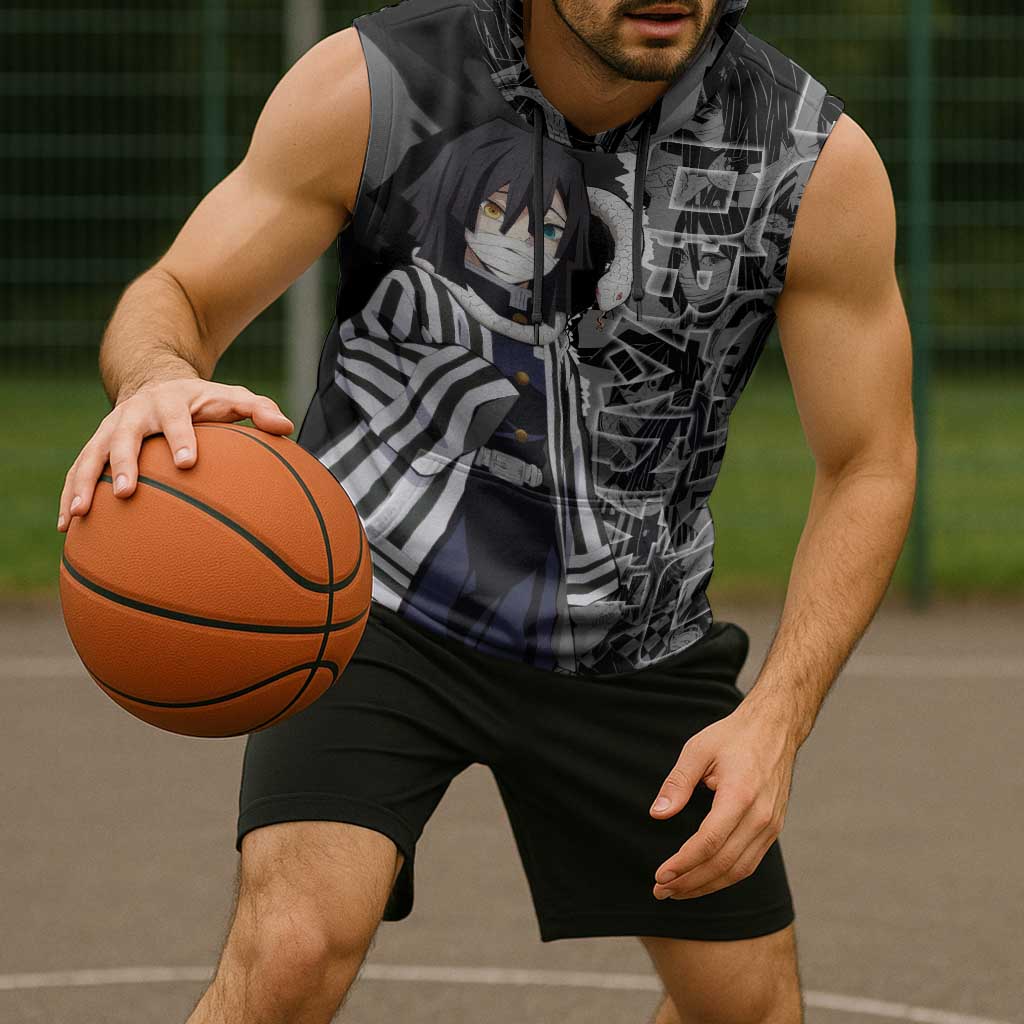 Obanai Iguro Demon Slayer Sleeveless Hoodie with Serpent Hashira Sword Pose and Dark Serpent Design - The Mazicc