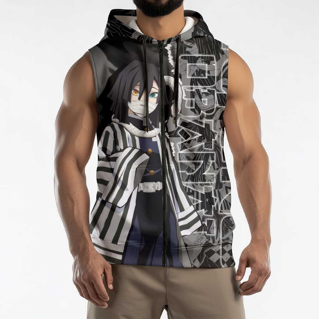 Obanai Iguro Demon Slayer Sleeveless Zip Hoodie with Serpent Hashira Sword Pose and Dark Serpent Design - The Mazicc