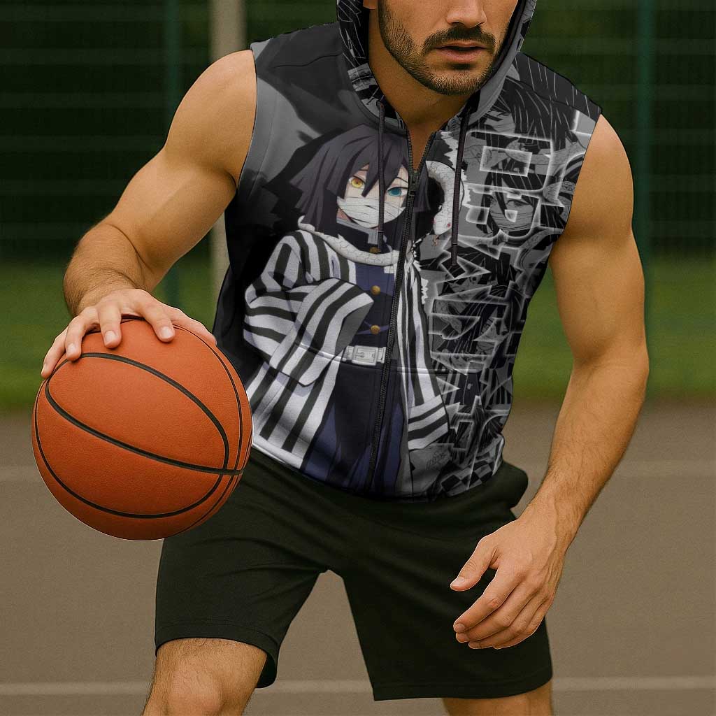 Obanai Iguro Demon Slayer Sleeveless Zip Hoodie with Serpent Hashira Sword Pose and Dark Serpent Design - The Mazicc
