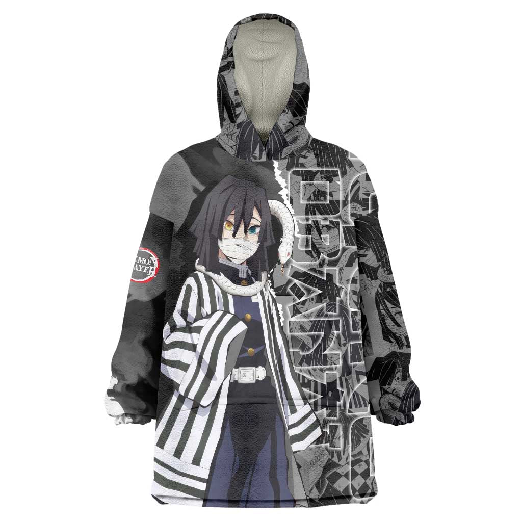 Obanai Iguro Demon Slayer Wearable Blanket Hoodie with Serpent Hashira Sword Pose and Dark Serpent Design - The Mazicc