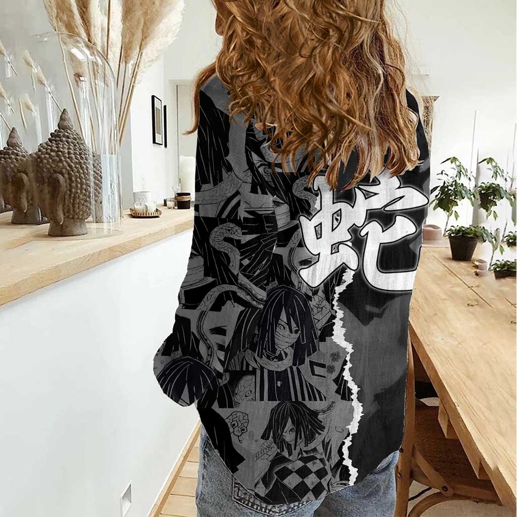 Obanai Iguro Demon Slayer Women Casual Shirt with Serpent Hashira Sword Pose and Dark Serpent Design - The Mazicc