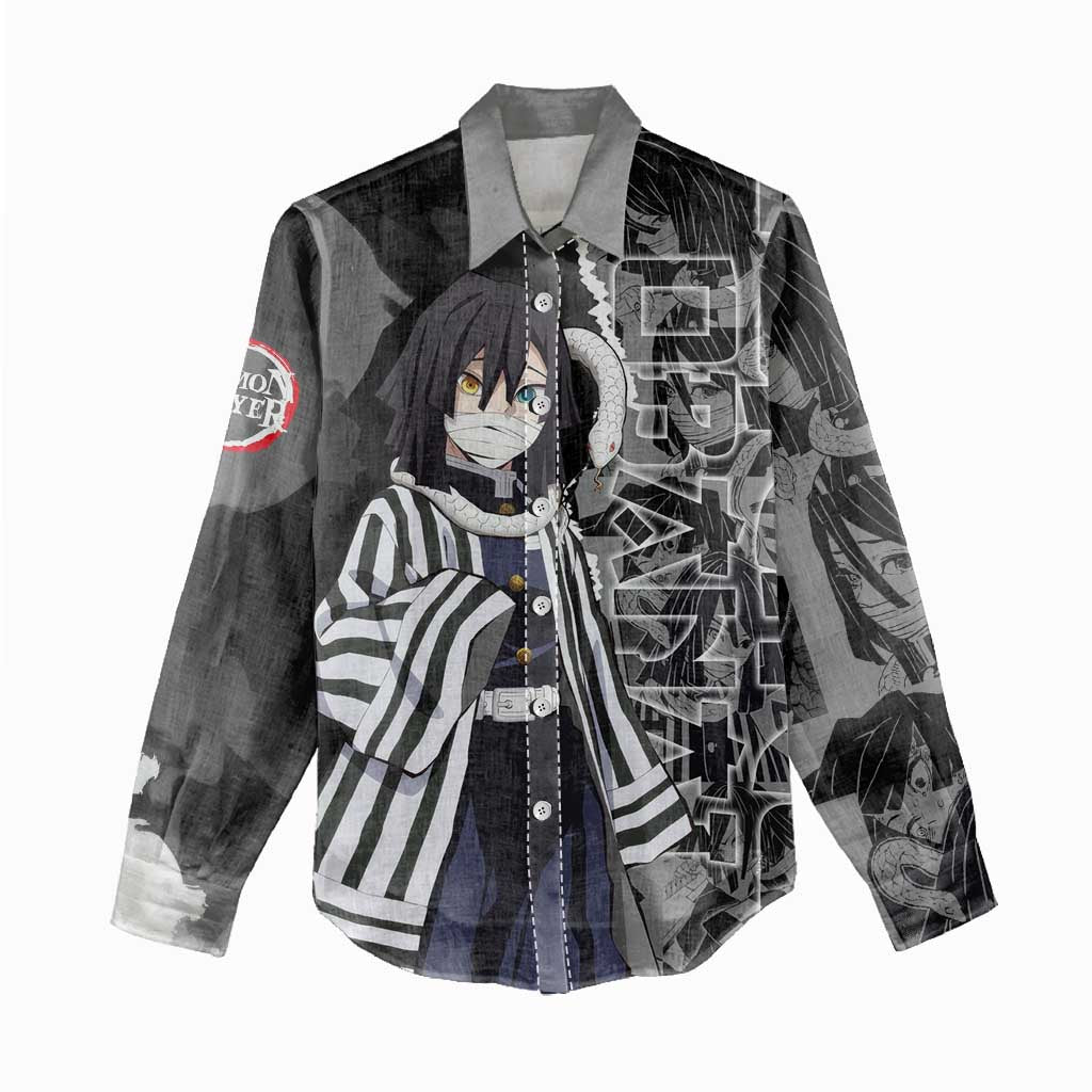 Obanai Iguro Demon Slayer Women Casual Shirt with Serpent Hashira Sword Pose and Dark Serpent Design - The Mazicc