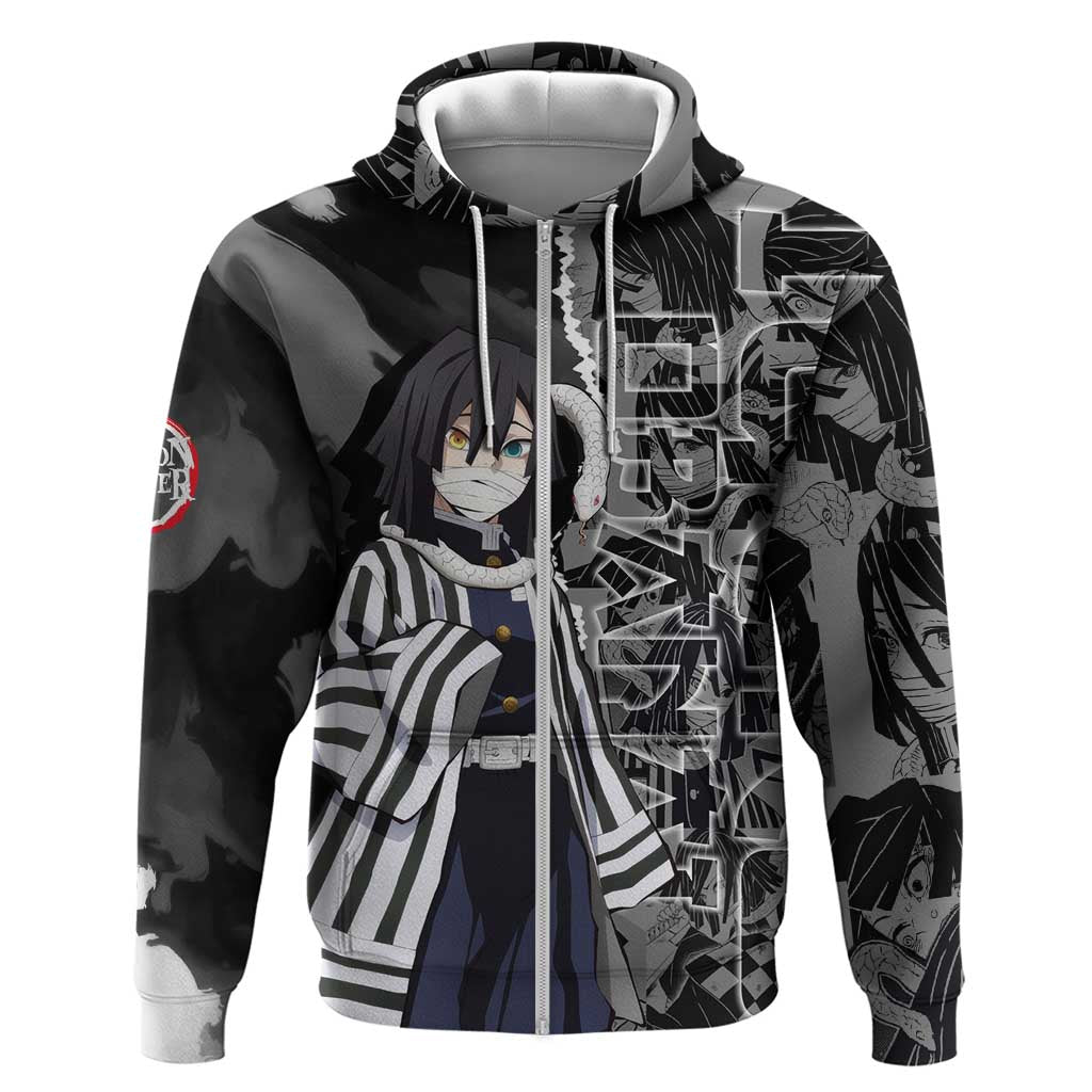 Obanai Iguro Demon Slayer Zip Hoodie with Serpent Hashira Sword Pose and Dark Serpent Design - The Mazicc