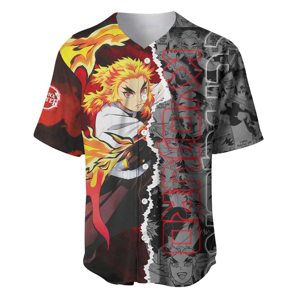 Kyojuro Rengoku Demon Slayer Baseball Jersey with Flame Hashira Sword Pose and Fiery Flame Design - The Mazicc