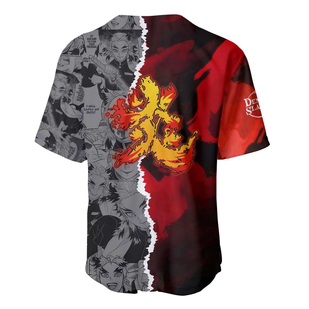 Kyojuro Rengoku Demon Slayer Baseball Jersey with Flame Hashira Sword Pose and Fiery Flame Design - The Mazicc