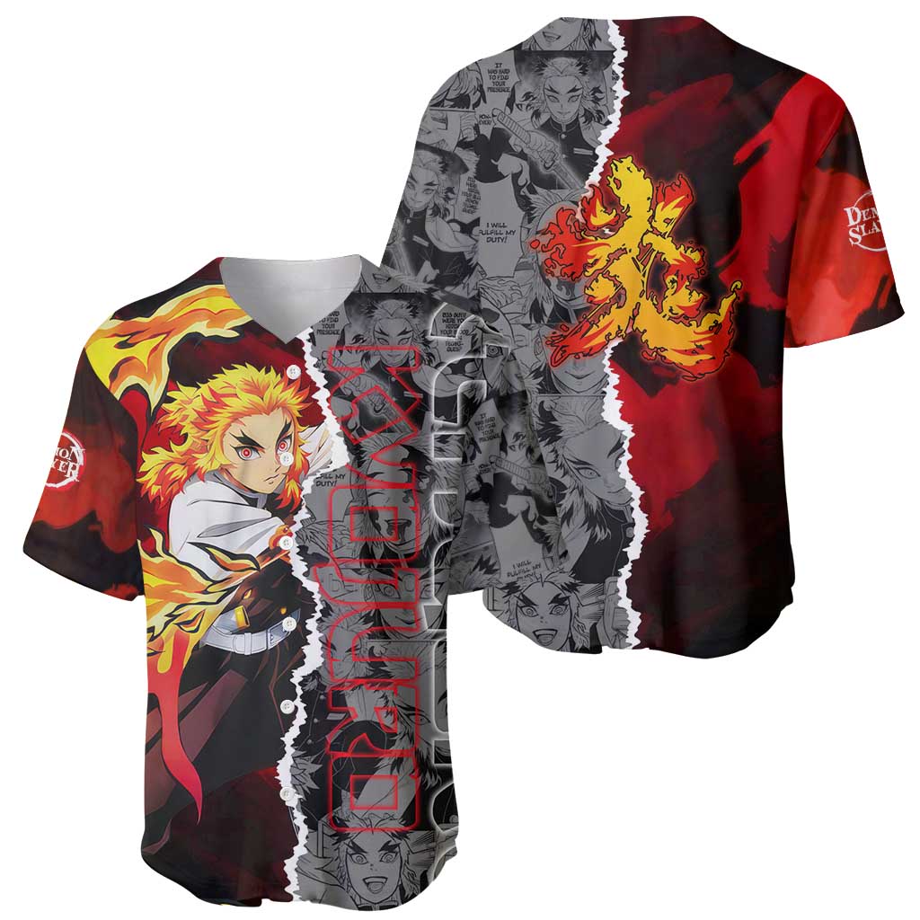 Kyojuro Rengoku Demon Slayer Baseball Jersey with Flame Hashira Sword Pose and Fiery Flame Design - The Mazicc