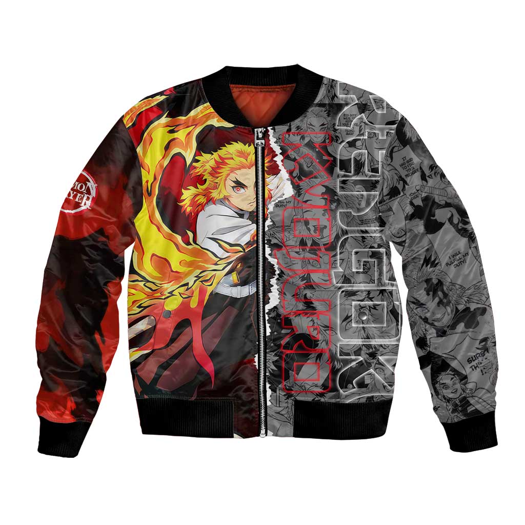 Kyojuro Rengoku Demon Slayer Bomber Jacket with Flame Hashira Sword Pose and Fiery Flame Design - The Mazicc