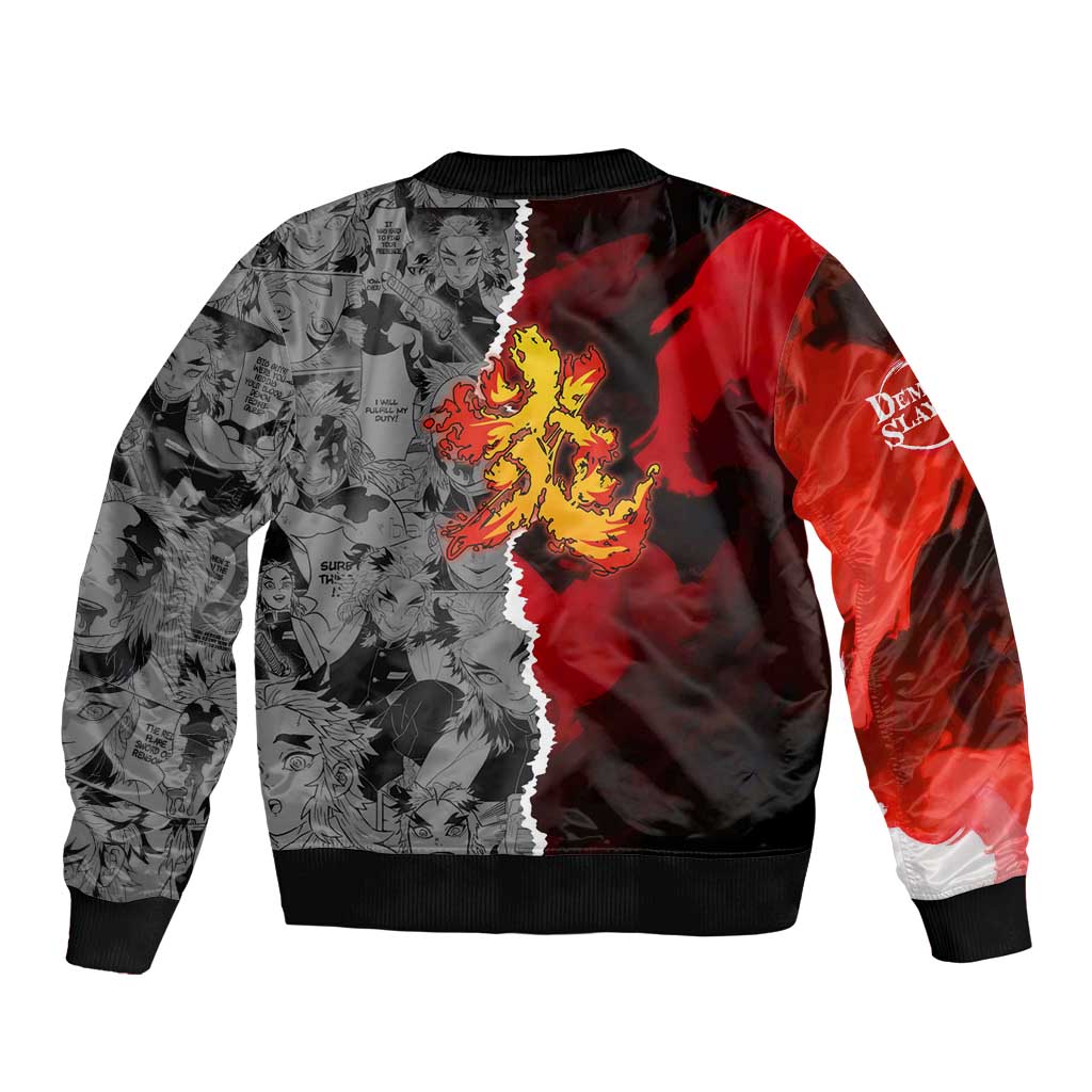 Kyojuro Rengoku Demon Slayer Bomber Jacket with Flame Hashira Sword Pose and Fiery Flame Design - The Mazicc