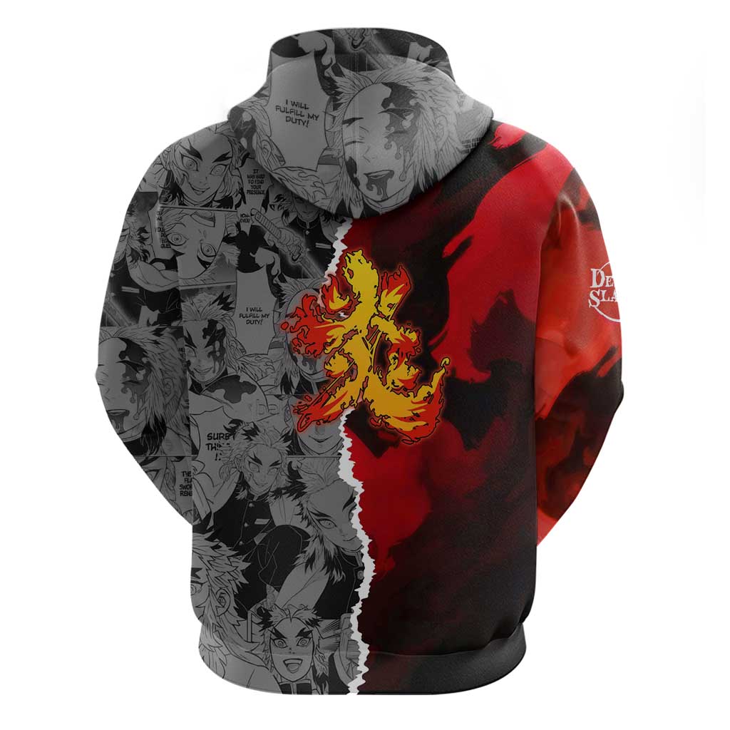 Kyojuro Rengoku Demon Slayer Hoodie with Flame Hashira Sword Pose and Fiery Flame Design - The Mazicc