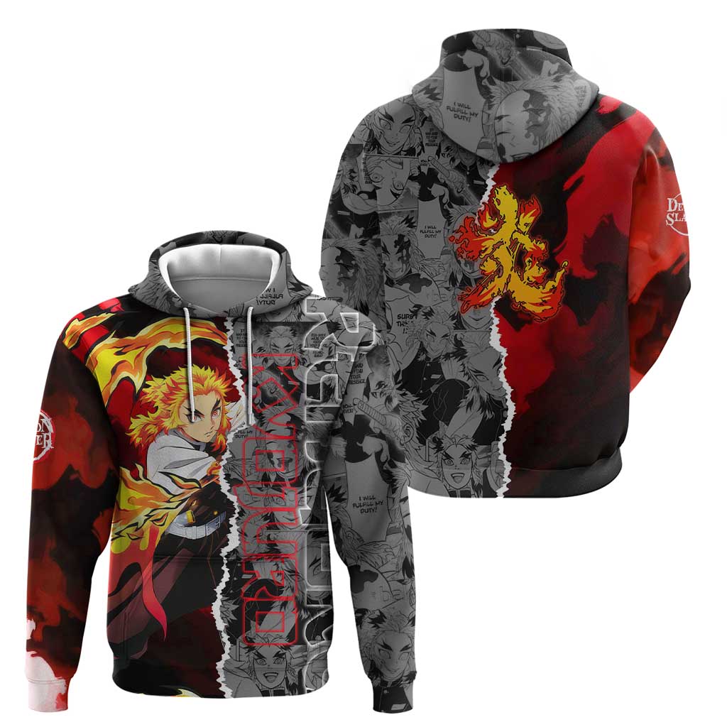 Kyojuro Rengoku Demon Slayer Hoodie with Flame Hashira Sword Pose and Fiery Flame Design - The Mazicc