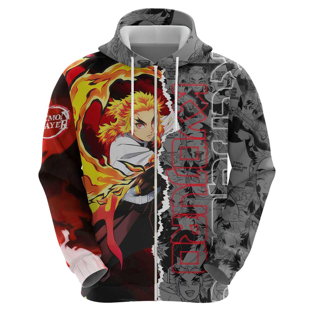 Kyojuro Rengoku Demon Slayer Hoodie with Flame Hashira Sword Pose and Fiery Flame Design - The Mazicc