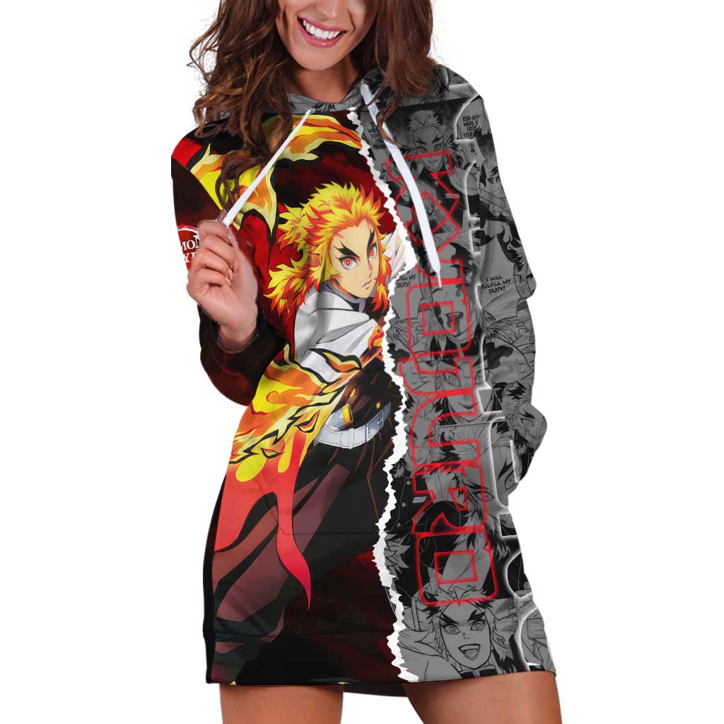 Kyojuro Rengoku Demon Slayer Hoodie Dress with Flame Hashira Sword Pose and Fiery Flame Design - The Mazicc