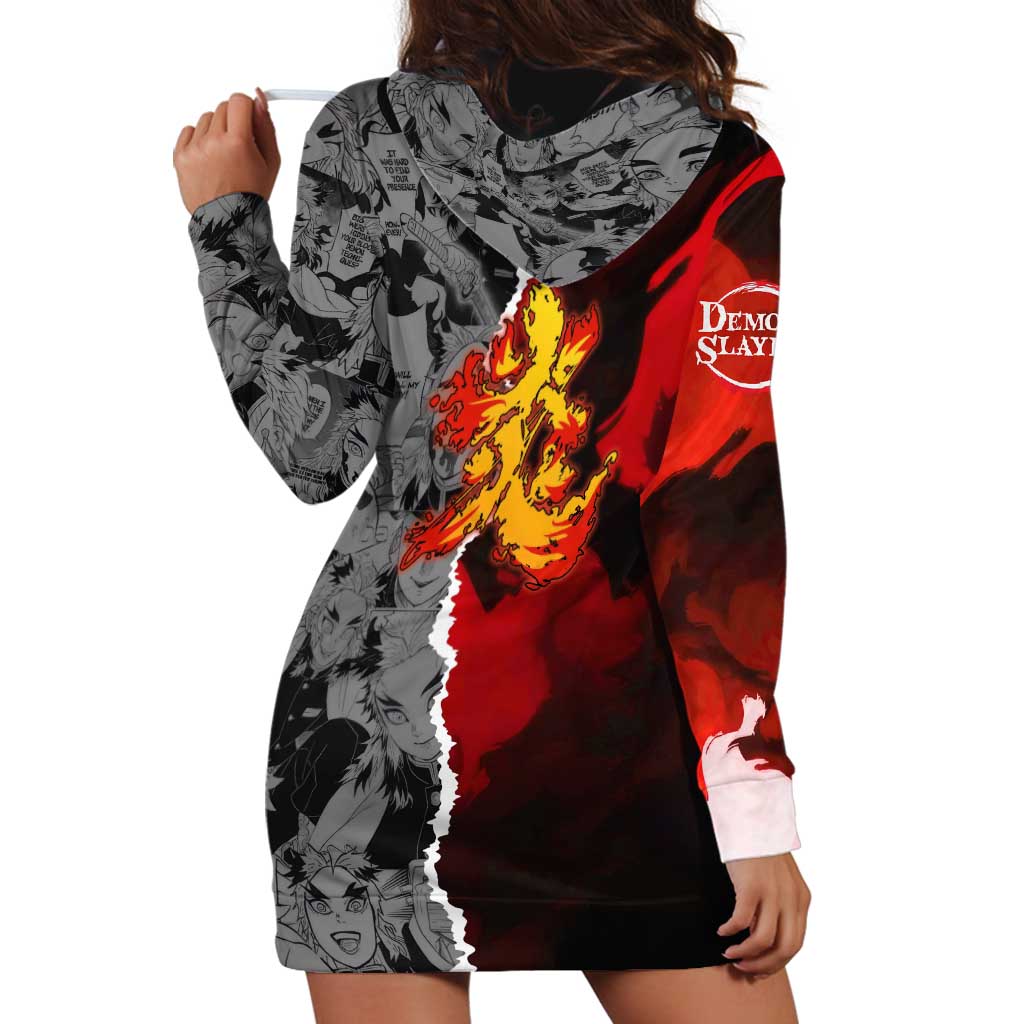 Kyojuro Rengoku Demon Slayer Hoodie Dress with Flame Hashira Sword Pose and Fiery Flame Design - The Mazicc