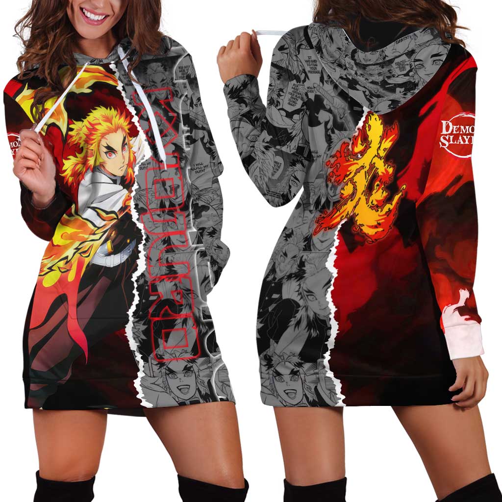 Kyojuro Rengoku Demon Slayer Hoodie Dress with Flame Hashira Sword Pose and Fiery Flame Design - The Mazicc