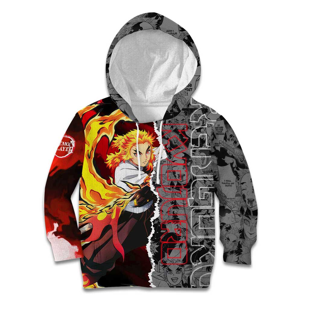 Kyojuro Rengoku Demon Slayer Kid Hoodie with Flame Hashira Sword Pose and Fiery Flame Design - The Mazicc