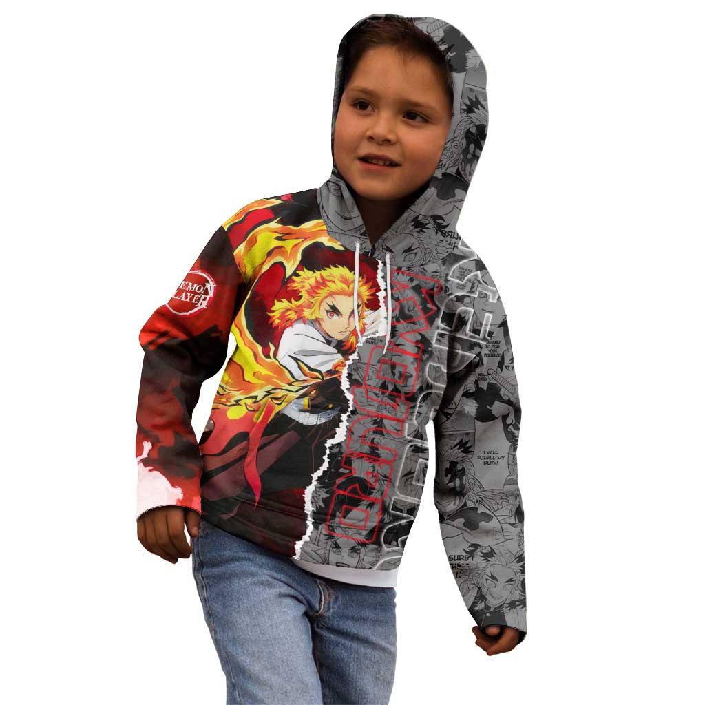 Kyojuro Rengoku Demon Slayer Kid Hoodie with Flame Hashira Sword Pose and Fiery Flame Design - The Mazicc