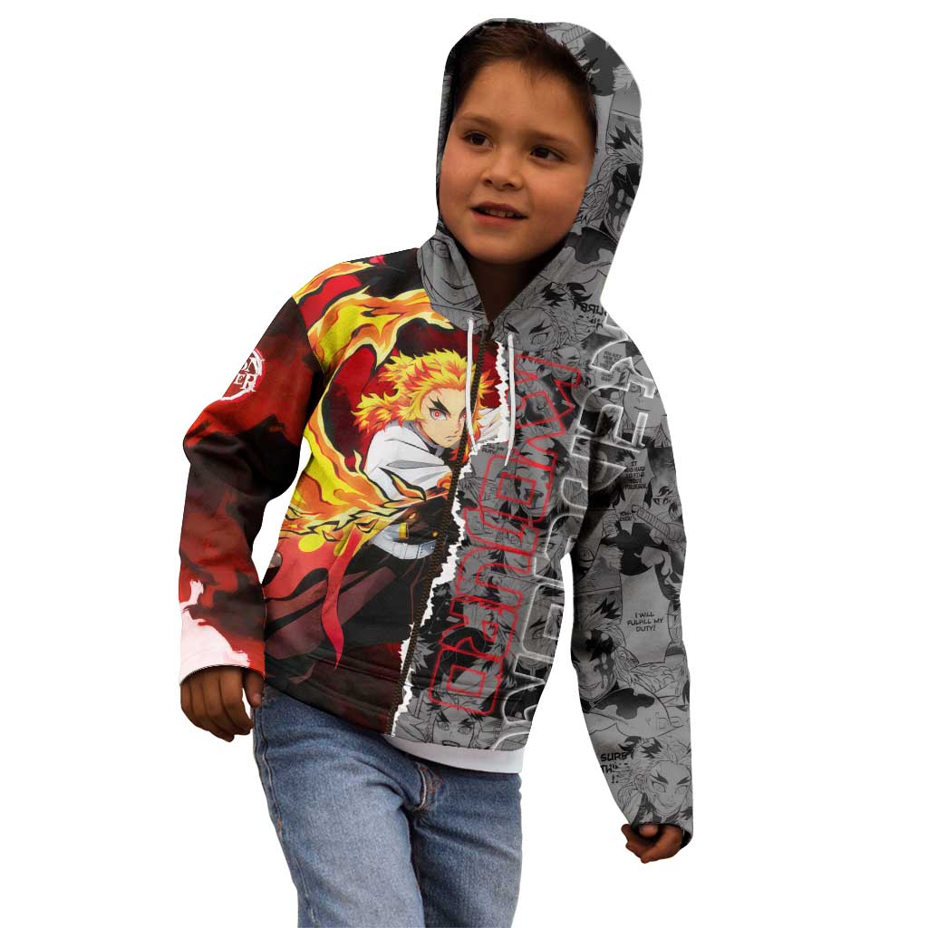 Kyojuro Rengoku Demon Slayer Kid Hoodie with Flame Hashira Sword Pose and Fiery Flame Design - The Mazicc