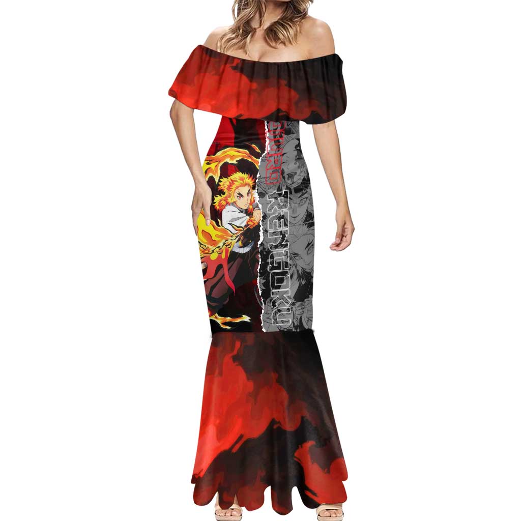 Kyojuro Rengoku Demon Slayer Mermaid Dress with Flame Hashira Sword Pose and Fiery Flame Design - The Mazicc