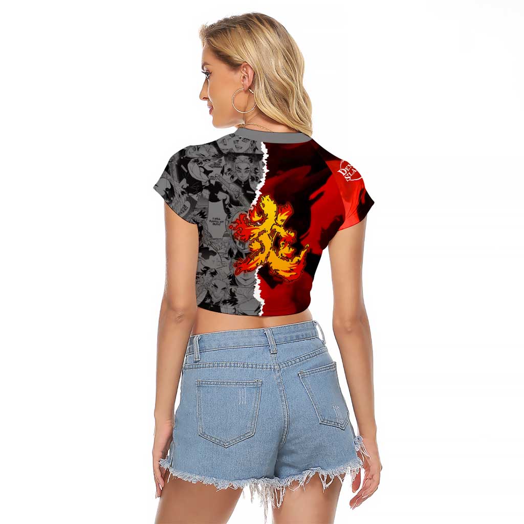 Kyojuro Rengoku Demon Slayer Raglan Cropped T Shirt with Flame Hashira Sword Pose and Fiery Flame Design - The Mazicc
