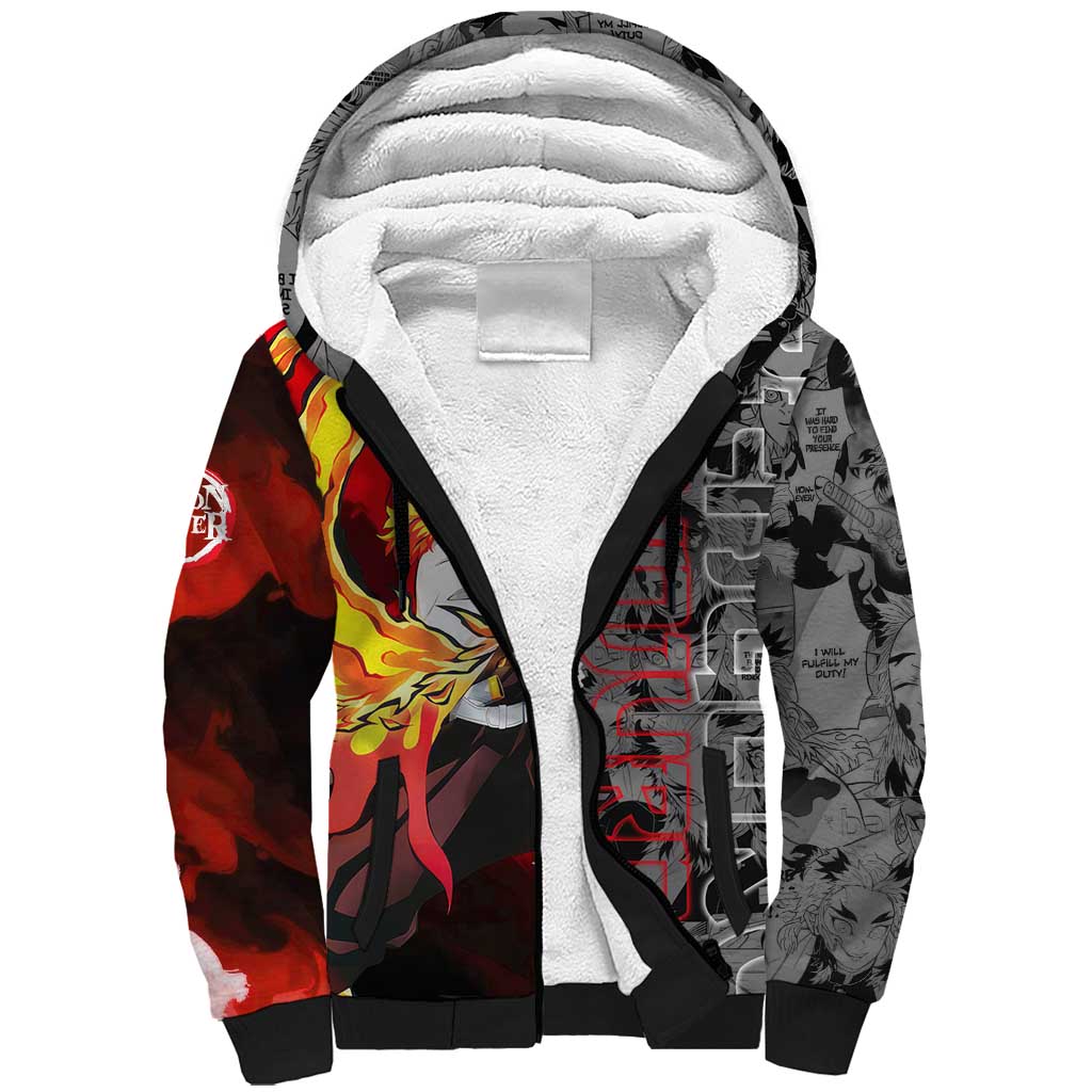 Kyojuro Rengoku Demon Slayer Sherpa Hoodie with Flame Hashira Sword Pose and Fiery Flame Design - The Mazicc