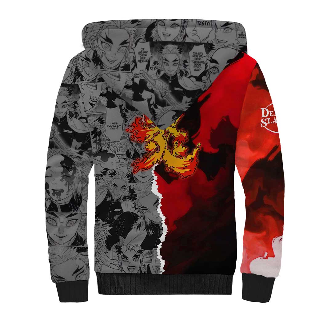 Kyojuro Rengoku Demon Slayer Sherpa Hoodie with Flame Hashira Sword Pose and Fiery Flame Design - The Mazicc