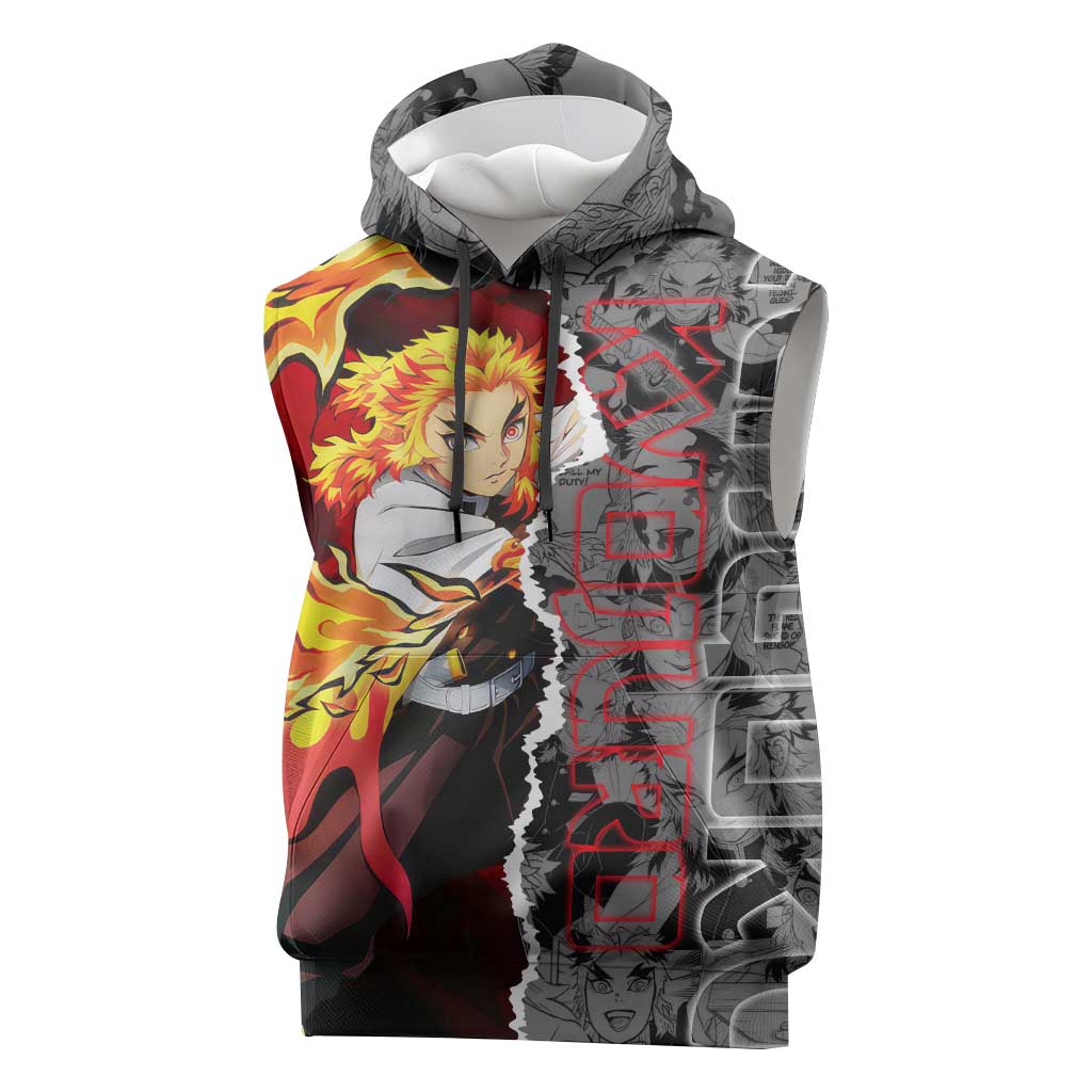 Kyojuro Rengoku Demon Slayer Sleeveless Hoodie with Flame Hashira Sword Pose and Fiery Flame Design - The Mazicc