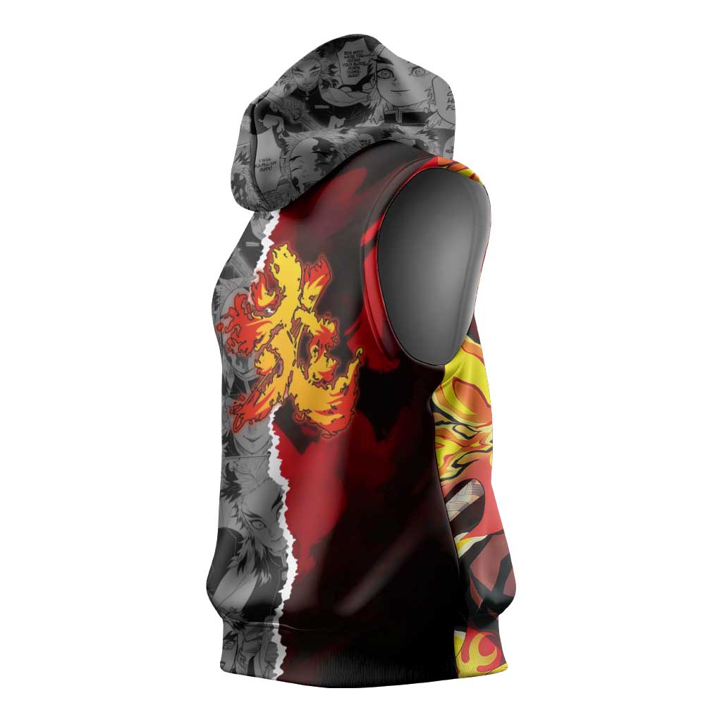 Kyojuro Rengoku Demon Slayer Sleeveless Hoodie with Flame Hashira Sword Pose and Fiery Flame Design - The Mazicc