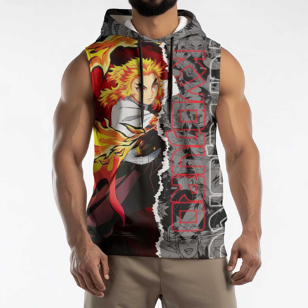 Kyojuro Rengoku Demon Slayer Sleeveless Hoodie with Flame Hashira Sword Pose and Fiery Flame Design - The Mazicc