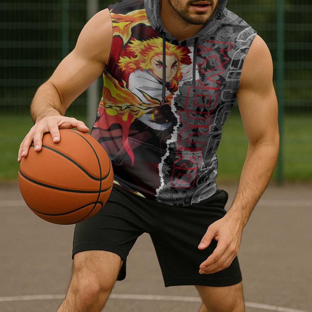 Kyojuro Rengoku Demon Slayer Sleeveless Hoodie with Flame Hashira Sword Pose and Fiery Flame Design - The Mazicc