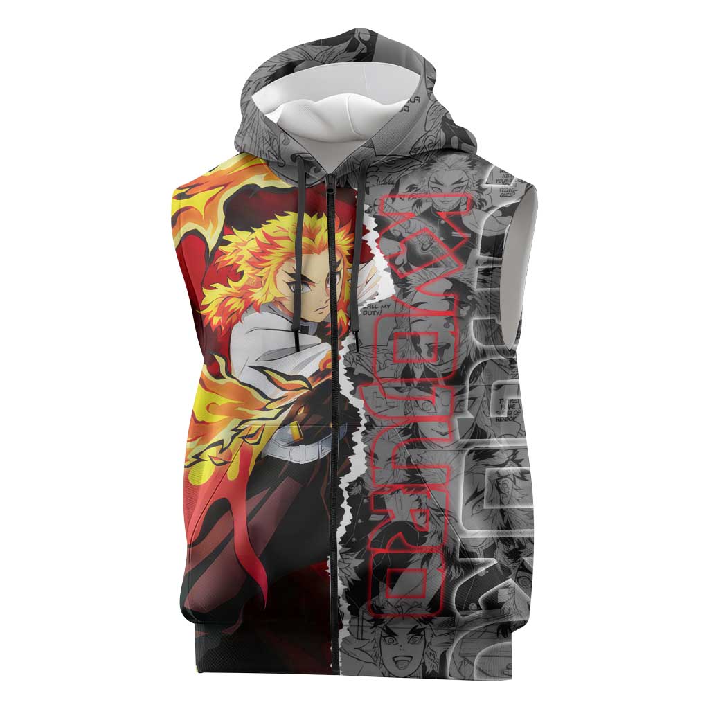 Kyojuro Rengoku Demon Slayer Sleeveless Zip Hoodie with Flame Hashira Sword Pose and Fiery Flame Design - The Mazicc