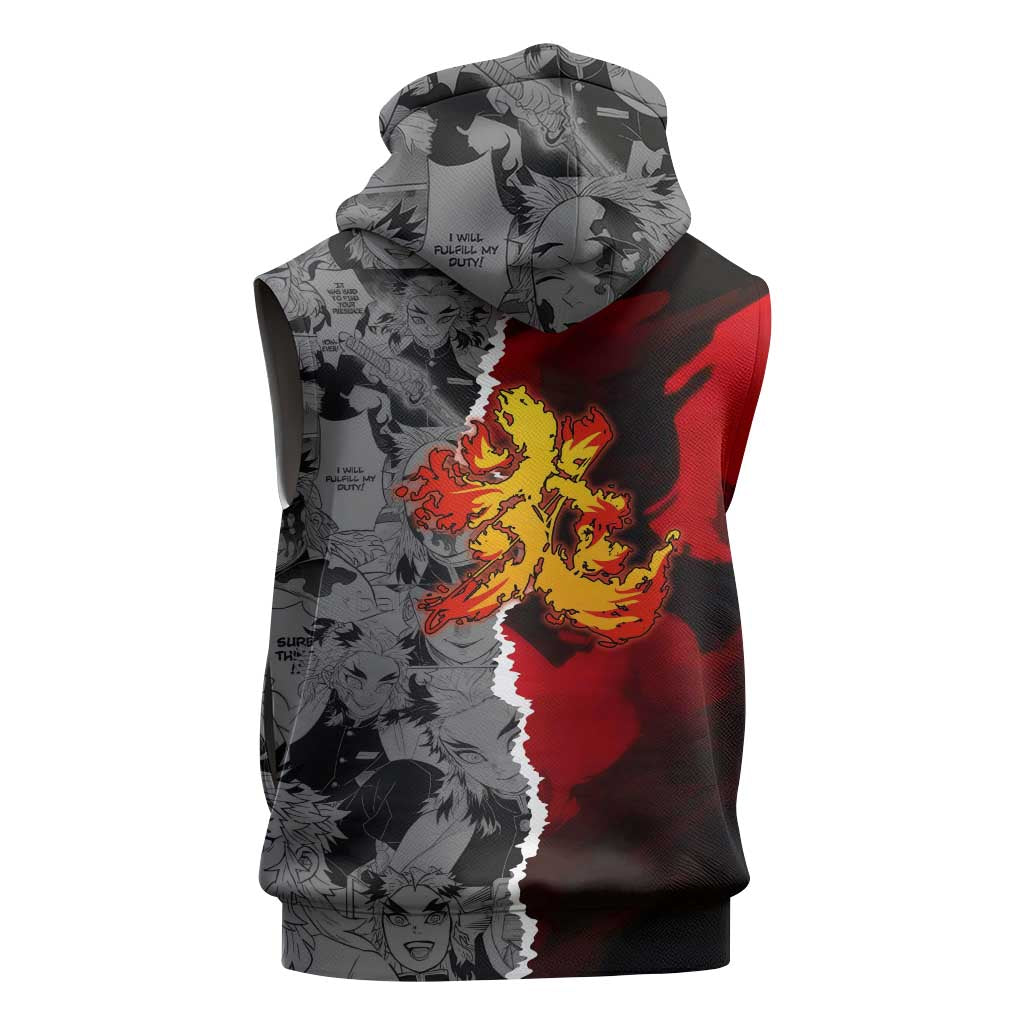 Kyojuro Rengoku Demon Slayer Sleeveless Zip Hoodie with Flame Hashira Sword Pose and Fiery Flame Design - The Mazicc