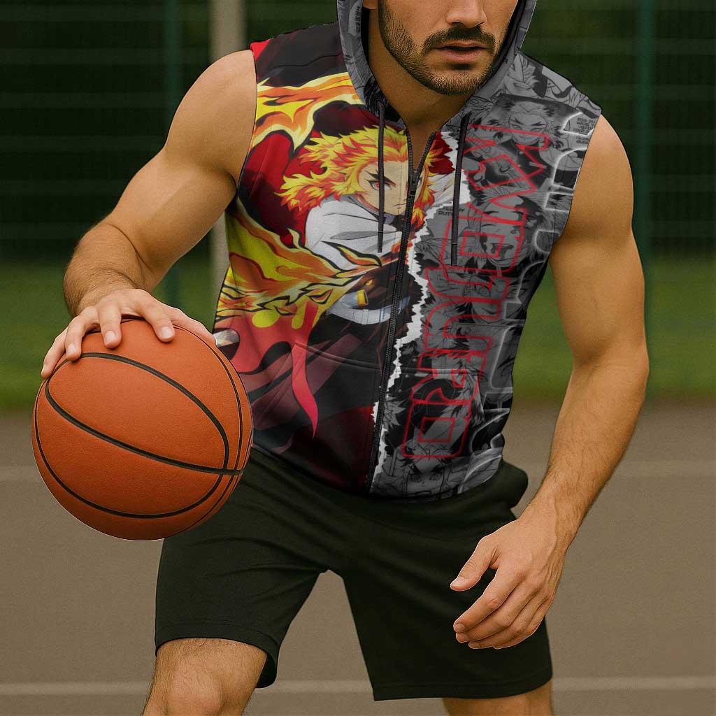 Kyojuro Rengoku Demon Slayer Sleeveless Zip Hoodie with Flame Hashira Sword Pose and Fiery Flame Design - The Mazicc