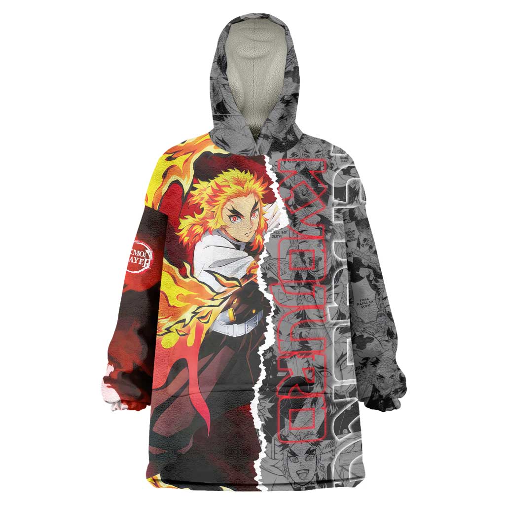 Kyojuro Rengoku Demon Slayer Wearable Blanket Hoodie with Flame Hashira Sword Pose and Fiery Flame Design - The Mazicc