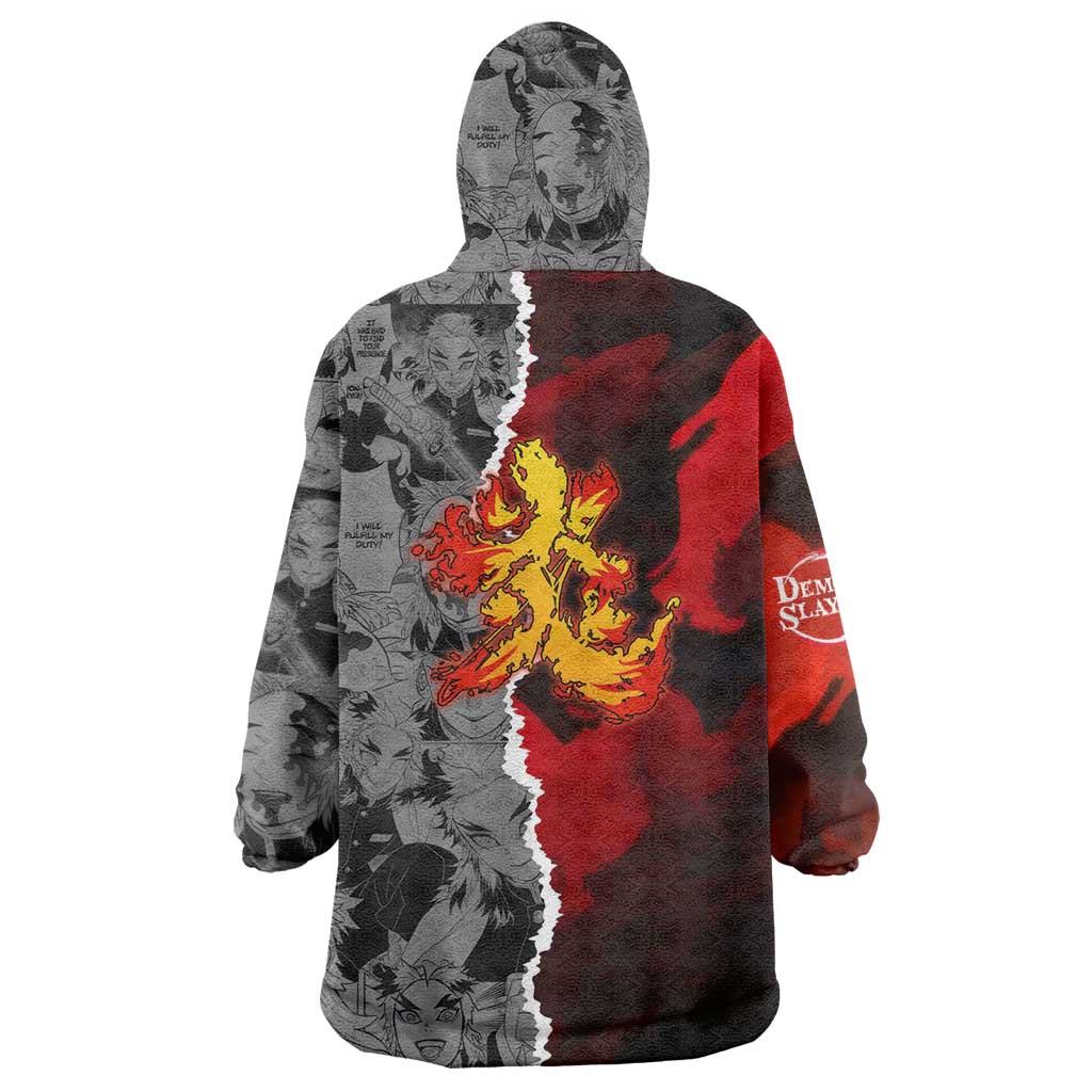 Kyojuro Rengoku Demon Slayer Wearable Blanket Hoodie with Flame Hashira Sword Pose and Fiery Flame Design - The Mazicc