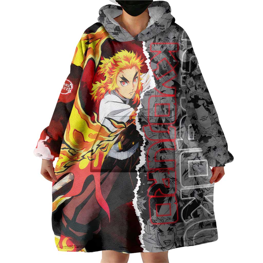 Kyojuro Rengoku Demon Slayer Wearable Blanket Hoodie with Flame Hashira Sword Pose and Fiery Flame Design - The Mazicc