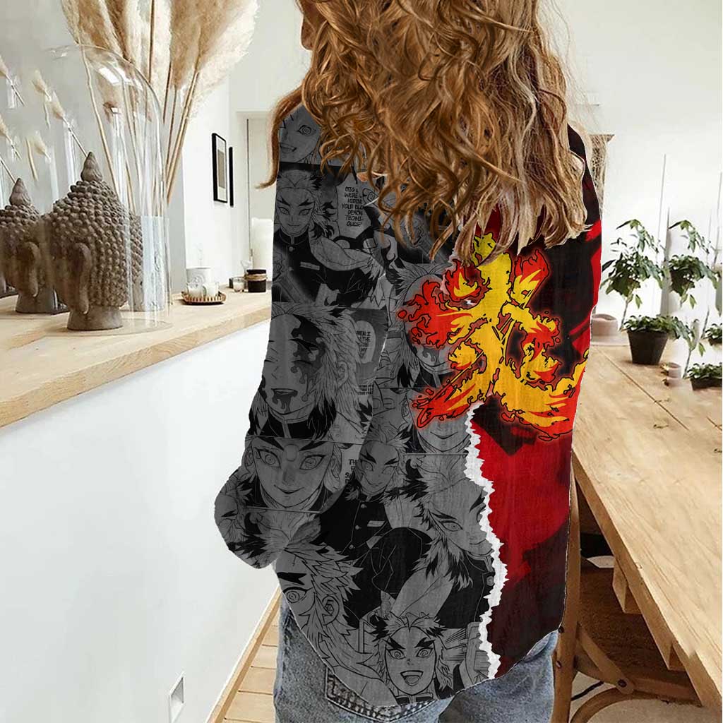 Kyojuro Rengoku Demon Slayer Women Casual Shirt with Flame Hashira Sword Pose and Fiery Flame Design - The Mazicc