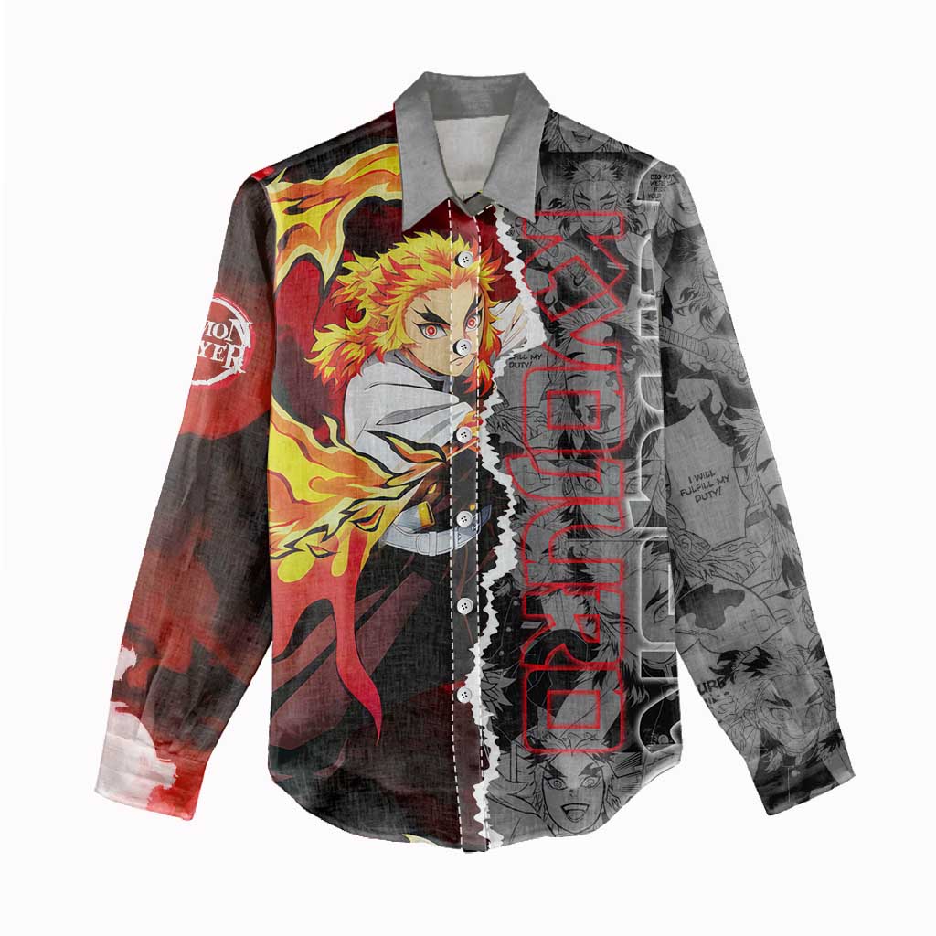 Kyojuro Rengoku Demon Slayer Women Casual Shirt with Flame Hashira Sword Pose and Fiery Flame Design - The Mazicc