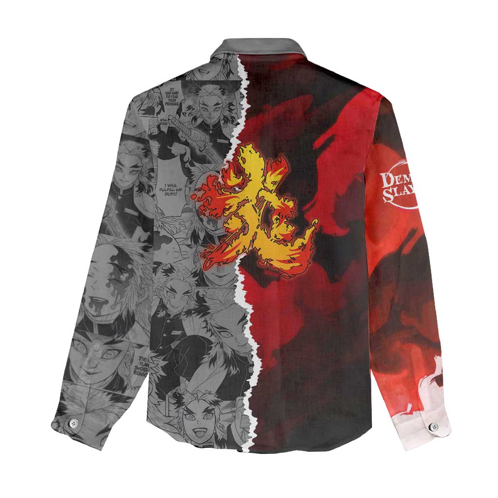 Kyojuro Rengoku Demon Slayer Women Casual Shirt with Flame Hashira Sword Pose and Fiery Flame Design - The Mazicc