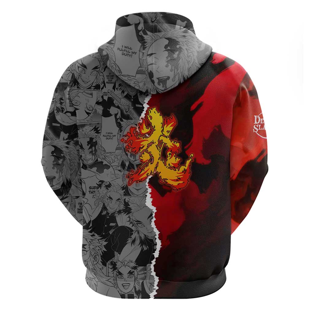 Kyojuro Rengoku Demon Slayer Zip Hoodie with Flame Hashira Sword Pose and Fiery Flame Design - The Mazicc