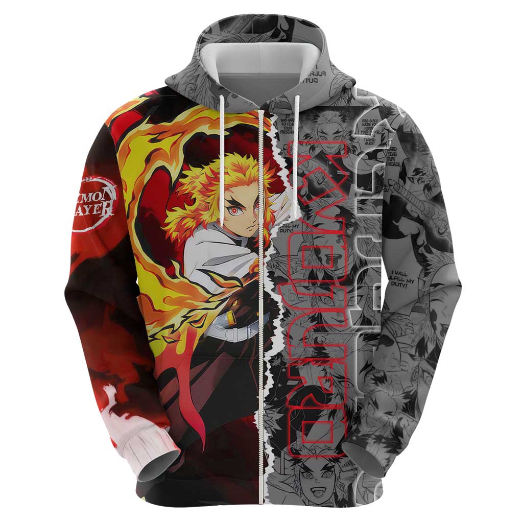 Kyojuro Rengoku Demon Slayer Zip Hoodie with Flame Hashira Sword Pose and Fiery Flame Design - The Mazicc