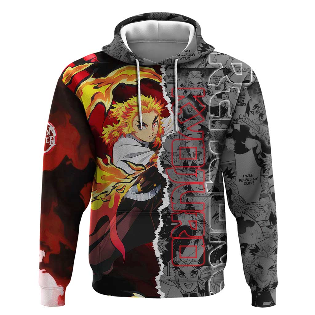 Kyojuro Rengoku Demon Slayer Zip Hoodie with Flame Hashira Sword Pose and Fiery Flame Design - The Mazicc