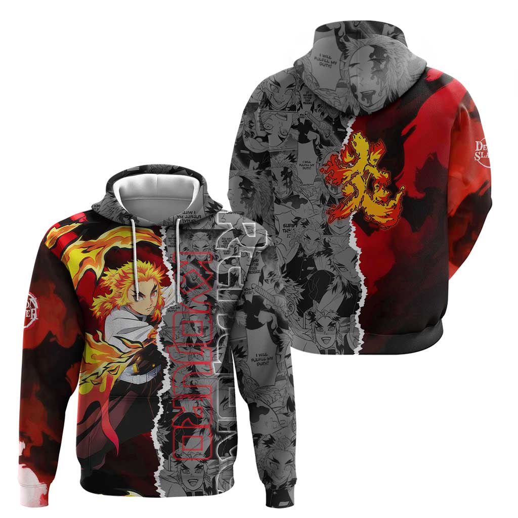 Kyojuro Rengoku Demon Slayer Zip Hoodie with Flame Hashira Sword Pose and Fiery Flame Design - The Mazicc