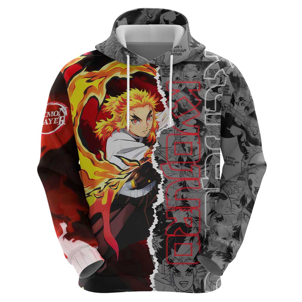 Kyojuro Rengoku Demon Slayer Zip Hoodie with Flame Hashira Sword Pose and Fiery Flame Design - The Mazicc
