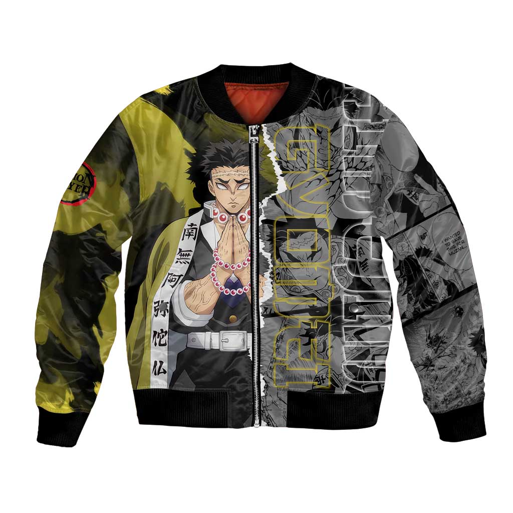 Gyomei Himejima Demon Slayer Bomber Jacket with Stone Hashira Axe Pose and Powerful Strength Design - The Mazicc