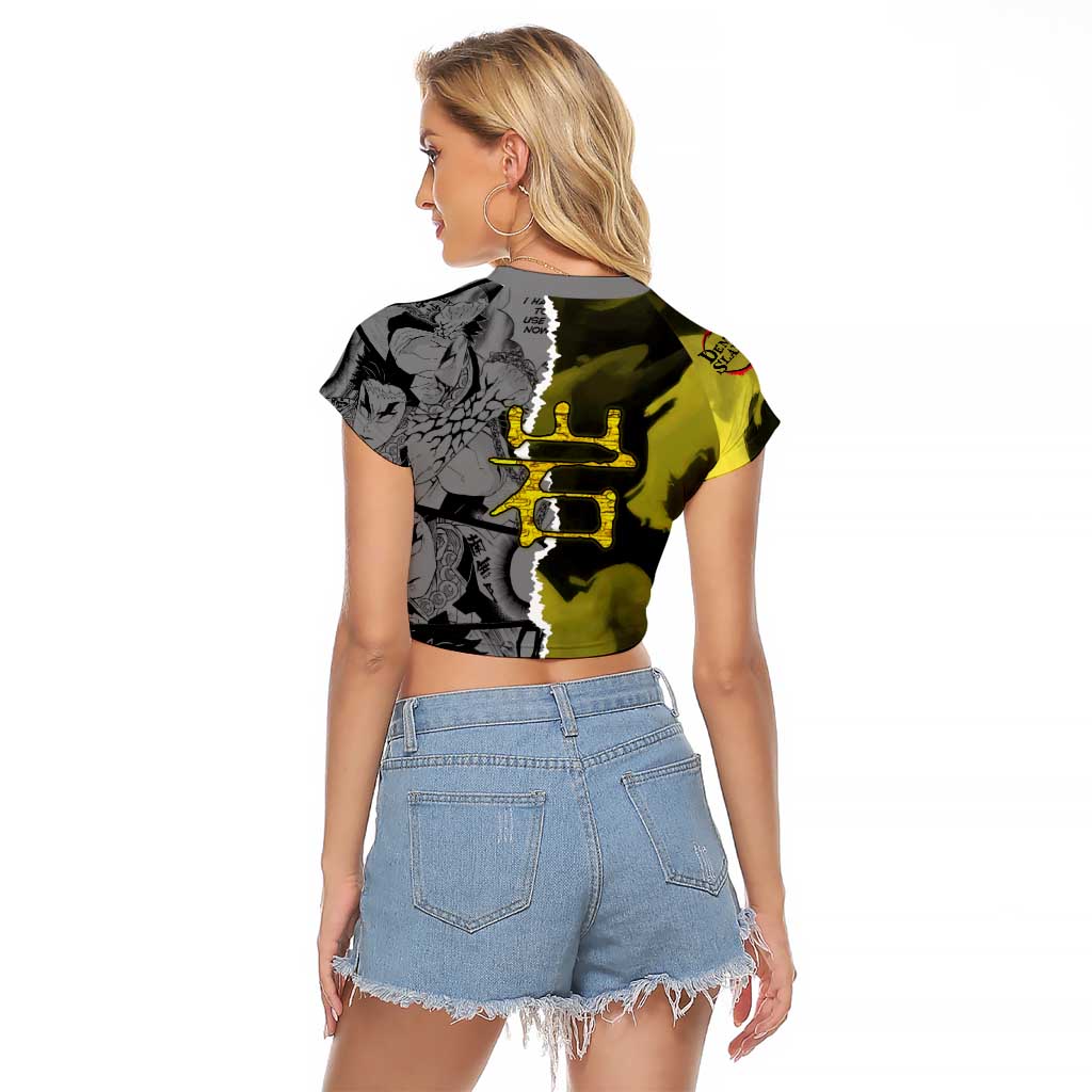 Gyomei Himejima Demon Slayer Raglan Cropped T Shirt with Stone Hashira Axe Pose and Powerful Strength Design - The Mazicc