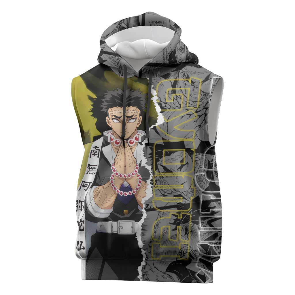 Gyomei Himejima Demon Slayer Sleeveless Hoodie with Stone Hashira Axe Pose and Powerful Strength Design - The Mazicc