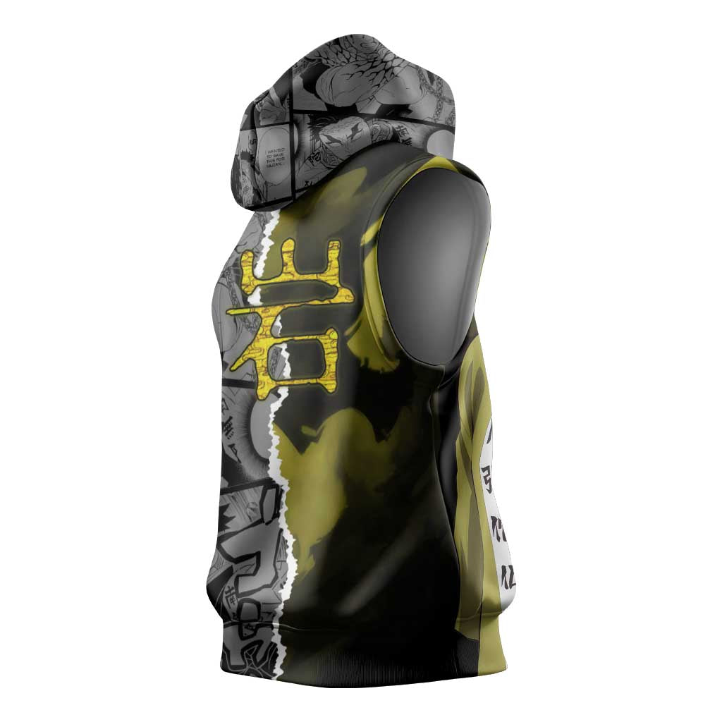 Gyomei Himejima Demon Slayer Sleeveless Hoodie with Stone Hashira Axe Pose and Powerful Strength Design - The Mazicc