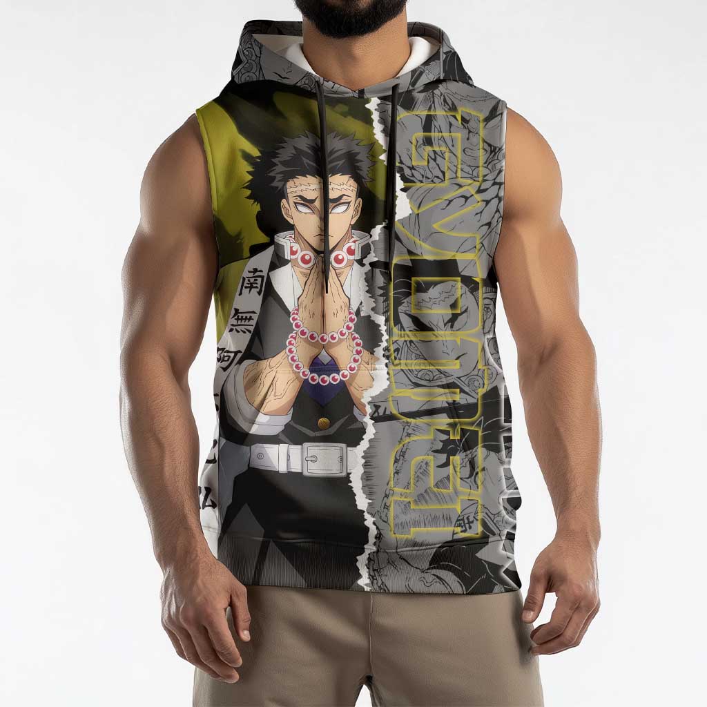 Gyomei Himejima Demon Slayer Sleeveless Hoodie with Stone Hashira Axe Pose and Powerful Strength Design - The Mazicc