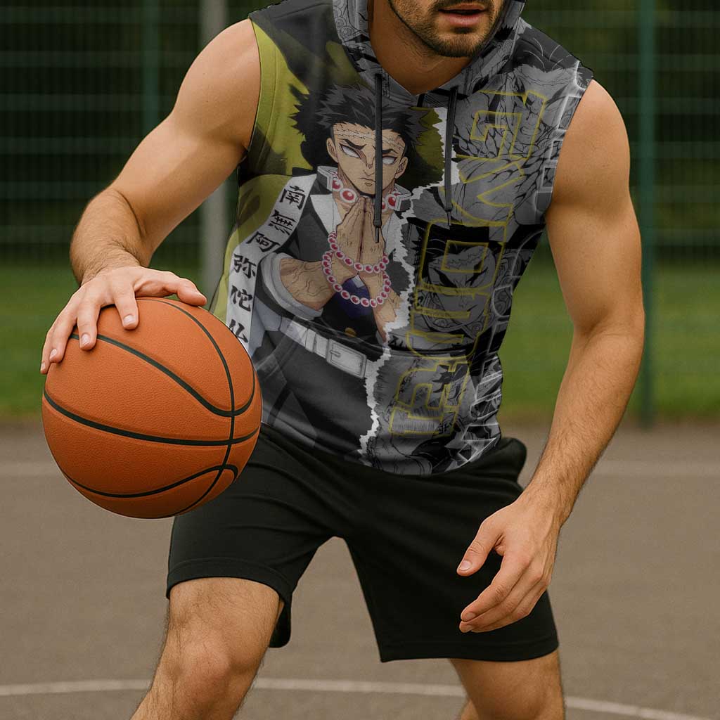 Gyomei Himejima Demon Slayer Sleeveless Hoodie with Stone Hashira Axe Pose and Powerful Strength Design - The Mazicc