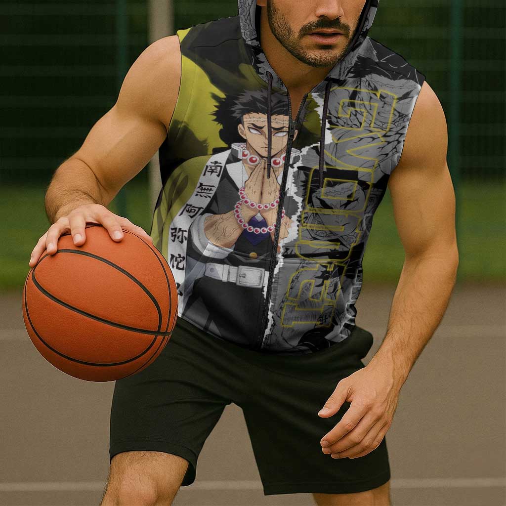 Gyomei Himejima Demon Slayer Sleeveless Zip Hoodie with Stone Hashira Axe Pose and Powerful Strength Design - The Mazicc